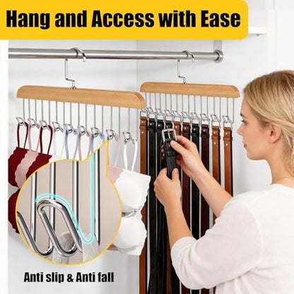 Bra Hangers for Closet Organizer with 16 Metal Hooks Belt Hanger for Closets Space Saving Multi Hook Hanger Non-Slip Tank Top Hanger 360°Rotating Display Belt Organizer for Tie, Hat, Bra Wooden 3 Pack