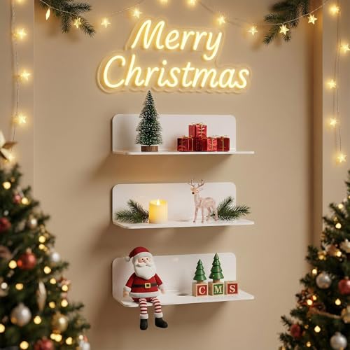 OAPRIRE Acrylic Floating Wall Shelves White, No Drill, 9 Inch 2 Pack | Strong Tape Adhesive Wall Shelf, Easy Installation, Hole Design with Cable Clips, Small Spaces Bedroom Bathroom Living Room