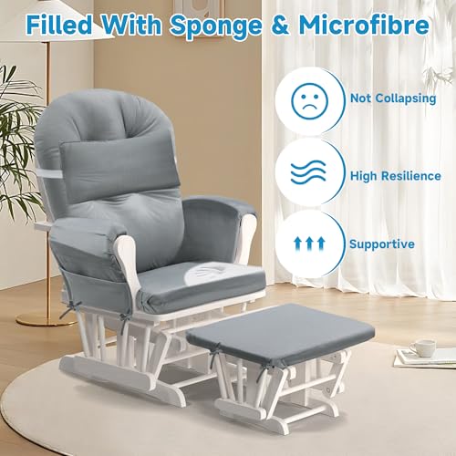 6 PCS Glider Rocker Replacement Cushions with Storage Side Pocket,Foam & Microfiber Filling, Non-Slip & Washable,Thickened & Supportive Velvet Rocking Chair Cushion Set(Gray)
