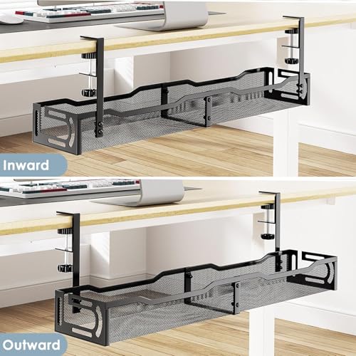 Cable Management, 25'' Cable Management Under Desk, Cable Tray | No Drill Under Desk Cable Management Tray, Cord Organizer with Clamp for Standing Desk, Desk Organizer for Home Office
