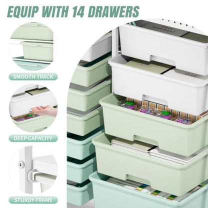 14 Drawer Rolling Storage Cart with Tabletop and Pegboard for Crafts Green | Easy Setup, Large Capacity, Sturdy Build, Smooth Mobility, For classroom, office and dorm supplies