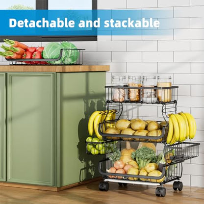 Simple Trending Stackable Cart, Fruit Vegetable Basket with Wheels, 4 Tier | Rolling Cart with 2 Hanging Baskets, Kitchen Storage Metal Wire Basket Stand for Vegetable Snacks, Black