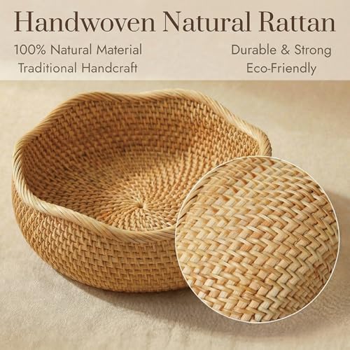 YANGQIHOME Rattan Bread Basket, Round Fruit Baskets, Wicker Storage Bowls, Natural Woven Serving Basket Bowls, Decorative Baskets for Kitchen Counter Organizing