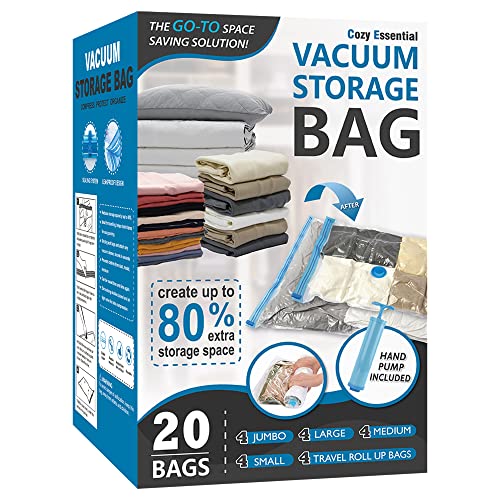 Vacuum Storage Bags, 80% Compression Vacuum Seal S... (20 Count | Transparent | Plastic)