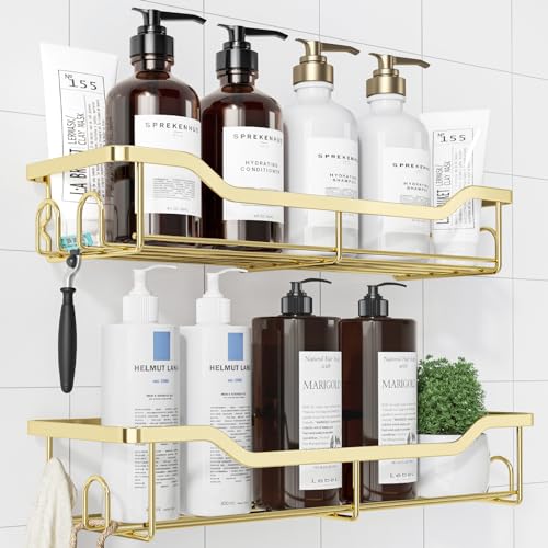 Shower Caddy, Adhesive Shower Organizer, Large, Go... (2 Count | Gold | Stainless Steel)