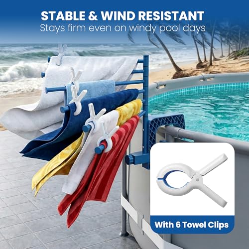 Poolside Pool Towel Rack Outdoor for Above Ground Round Pools, Stainless Steel Swivel Pool Towel Holder 6 Bars Towel Dying Rack Towel Stand for Above Ground Pool Accessories [Patent Pending]