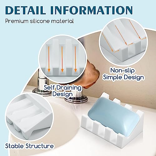 Silicone Soap Dish Self Draining with Suction Cups (White, 1 Pack) | Waterfall drainage design drains fast to keep soap dry non-slip silicone base, practical soap saver for bathroom & kitchen