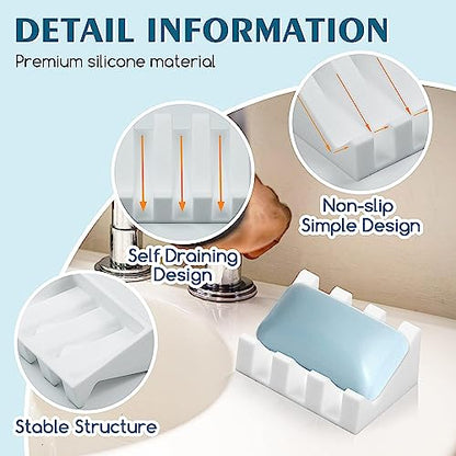 Silicone Soap Dish Self Draining with Suction Cups (White, 1 Pack) | Waterfall drainage design drains fast to keep soap dry non-slip silicone base, practical soap saver for bathroom & kitchen