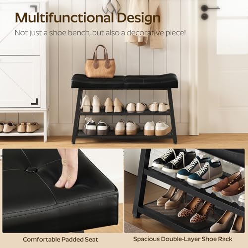 Shoe Bench, 3-Tier Shoe Rack, Entryway Bench with Storage and Cushion, for Hallway, Foyer, Bedroom, Black HX02BB
