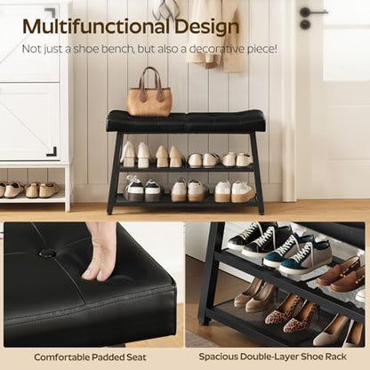 Shoe Bench, 3-Tier Shoe Rack, Entryway Bench with Storage and Cushion, for Hallway, Foyer, Bedroom, Black HX02BB