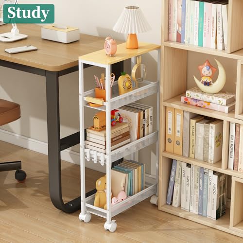 Utility Slim Storage Cart, 4 Tier Rolling Cart with Wheels, Narrow Storage Cabinet for Bathroom, Laundry Shelves for Room Organization, Small Organizer for Kitchen, Office and Dorm (White)