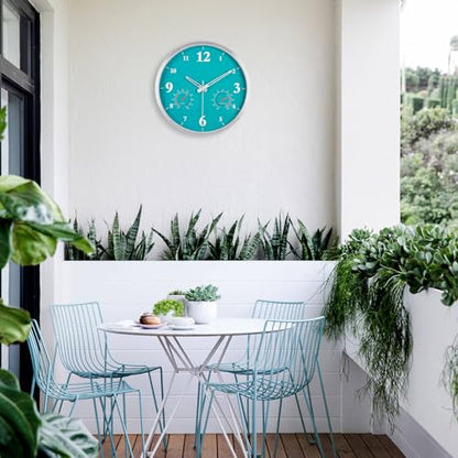Outdoor Clock Waterproof with Thermometer and Hygrometer Combo 12 Inch Blue | Outdoor Metal Aluminum Frame Wall Decor Garden Patio Pool