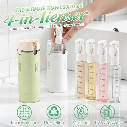 4 in 1 Travel Dispenser Bottle Essentials Camping Toiletries Pump TSA Approved Leak Proof Size Portable Containers Refillable for Shampoo Lotion Creams Body Wash Conditioner Attached Label (Green)