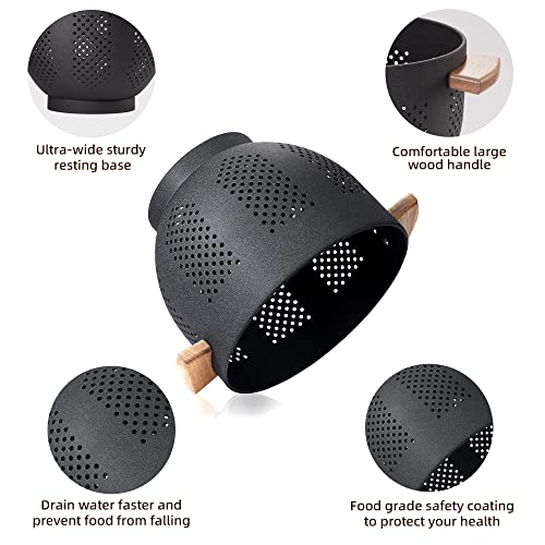 Metal Colander with Wood Handle and Stable Base, Powder Coated Steel Kitchen Strainer Basket for Draining Pasta, Vegetable and fruit(5.5quart,Matte Black)
