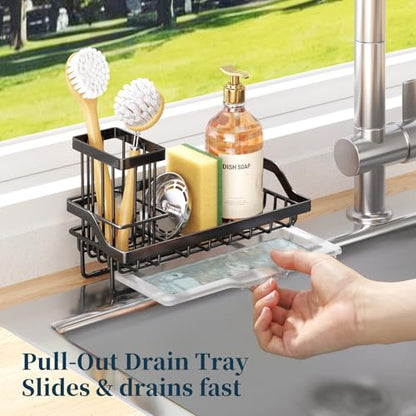 Sponge Holder for Kitchen Sink - Kitchen Sink Caddy Organizer with Removable Drip Tray for Countertop Dish Soap Dispenser Brush Storage Accessories 304 Stainless Steel - Black