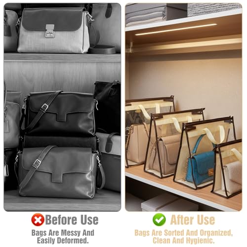 12 Pack Beige Handbag Purse Storage Organizer for Closet, 4 Sizes Clear Hanging Dust Bags Cover with Zipper and Handle, Closet Purse Protector Bags