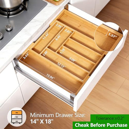 Pipishell Bamboo Expandable Silverware Drawer Organizer, Adjustable Kitchen Utensil Tray for Forks, Spoons and Knives, Wood Storage Cutlery Holder for Bedroom and Living Room