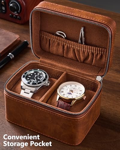 ProCase 2-Slot Watch Travel Case for Men, Portable Watch Holder -Brown | PU Leather, Compact Small Travel Carrying Box, Storage Case for Luxury Watches & Smartwatches with Jewelry Compartment