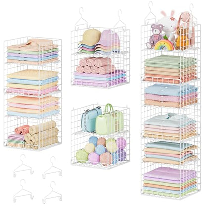 Yuyetuyo 6 Tier Raised-Height Hanging Closet Organizer, Stackable Sweater Organizer for Closet, Wire Storage Basket Bins for Clothes Purse Shoes, Hanging Shelves with 4 Hooks & 3 Dividers Adjustable