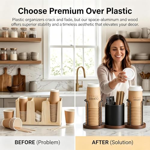GOYLSER Coffee Bar Organizer with Straw & Stirrer Storage Caddy for Cups Lids, Coffee Organizer Station Home Kitchen Office Coffee Cup Holder for Countertop, Black