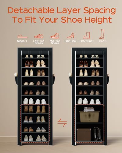 CASAMAYA Shoe Rack with Covers, 10 Tiers Tall Shoe Rack Organizer, Large Capacity Shoe Shelf Storage, Hold 20 Pairs of Shoes, Vertical Shoe Storage Organizer for Closet, Entryway, Black, SRT102B01