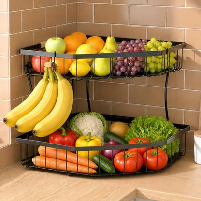 2 Tier Fruit Basket for Kitchen Counter with 2 Banana Hangers for Corner | Detachable Metal Fruit Bowl with Wooden Handle, Large Capacity Fruit Stand for Bread Fruit and Vegetable Storage, Black