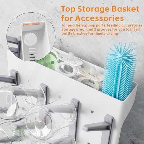 SuoXing Vertical Baby Bottle Drying Rack,Space Saving Countertop Baby Drying Rack for Bottles,Large Baby Bottle Station Stand,Bottle Rack Dryer for Brushes,Pacifiers,Baby Accessories Organizer,Grey
