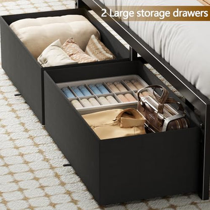 Queen Bed Frame with Headboard Storage, Charging Station, Drawers