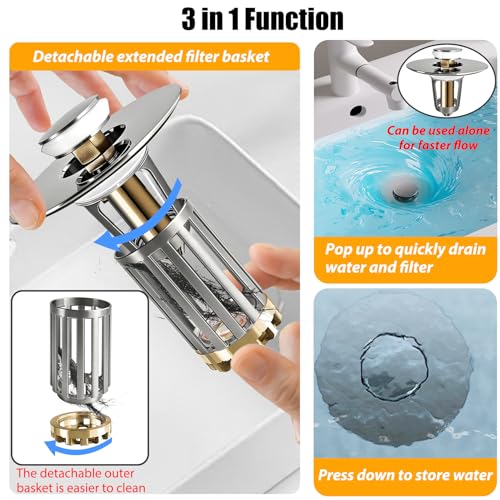 Anlige 3 in 1 Pop Up Bathroom Sink Stopper, Bathroom Sink Drain Strainer, with Removable Basket Hair Catcher, Universal Sink Plug Cover for 1.06 in to 1.6 in Drain, Brushed Nickel