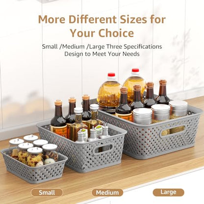 MaxGear 3 Pack Plastic Storage Baskets, Large, Grey | Durable Woven Plastic with Built-In Handles, Suitable for Shelves, Closets, Cabinets, Bathrooms and Offices