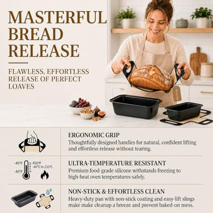 9x5 Loaf Pans for Baking Bread, 2-Pack Bread Loaf Pan Set with Silicone Bread Sling Liners, Nonstick Loaf Liners for Sourdough, Banana Bread, Homemade Bread