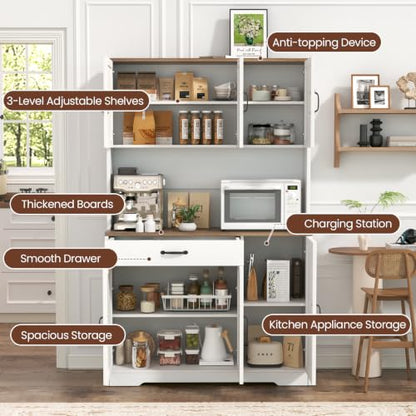 GRUSIGN 71" Pantry Cabinet with Charging Station, Large Capacity Kitchen Hutch Storage Cabinet, Kitchen Cabinet with Microwave Stand, Storage Drawers & Adjustable Shelves for Dining Room, White
