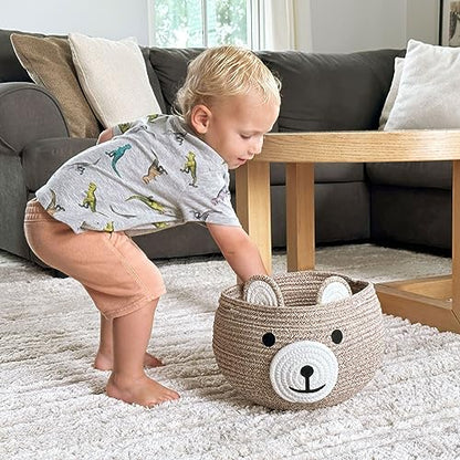 Baby Basket for Gifts Empty, Cute Bear Design, Light Brown | 10.5" x 8.5" Baby Shower Basket for Kids Boys Newborn Storage, Toy Basket for Living Room Nursery Décor, Soft Cotton Rope