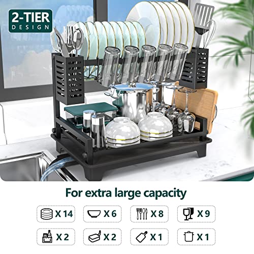 Dish Drying Rack: 2 Tier Dish Racks for Kitchen Counter and Sink | Large Dish Drying Rack with Drainboard & Utensil Holders - Stainless Steel Dish Drainers Kitchen Organization and Storage