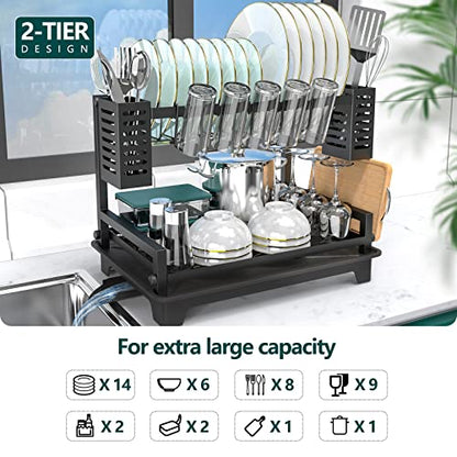 Dish Drying Rack: 2 Tier Dish Racks for Kitchen Counter and Sink | Large Dish Drying Rack with Drainboard & Utensil Holders - Stainless Steel Dish Drainers Kitchen Organization and Storage