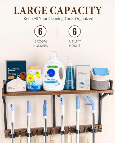 Lorbro Broom Holder Wall Mount with Cleaning Supplies Storage, Heavy Duty | 3 in 1 Broom and Mop Organizer Wall Hanging, Wooden Mop Organizer Hanger, Storage Shelves for Laundry Room, Garage