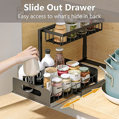 Slide Out Under Sink Organizers and Storage, Black, 1 Pack | 2 Tier, Sturdy Metal, Cabinet Organizer, for Kitchen Bathroom
