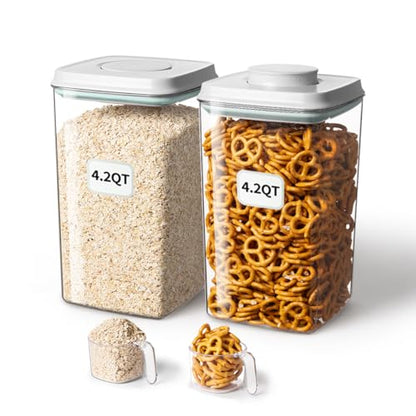 Airtight Food Storage Container with Pop Lid & 130ml Scoop, 4L/4.2qt *2 BPA-Free Cereal, Rice, Flour, Pasta & Snack Container, Stackable & Durable,Kitchen Pantry Organizer