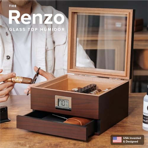 CASE ELEGANCE Renzo Glass Top Cigar Humidor with Cedar - Brown | Easy humidification system, accurate digital hygrometer