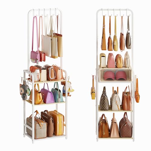 Tall Purse Organizer for Closet with 5 Purse Hanger & 6 Side Hooks, 4 Tier | Floor-Standing Purse Rack Stand for Purse Storage, Narrow & High-Capacity Handbag Organizer, Backpack Storage for Small Place