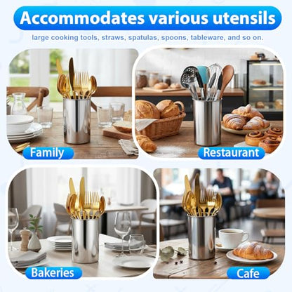 3 Pcs Stainless Steel Utensil Holders for Kitchen Counter, 5.5" x 7.3" Silver Cylinder Countertop Utensil Organizer Heavy Base and Dishwasher Safe for Home Cafe Restaurant Cooking Utensils