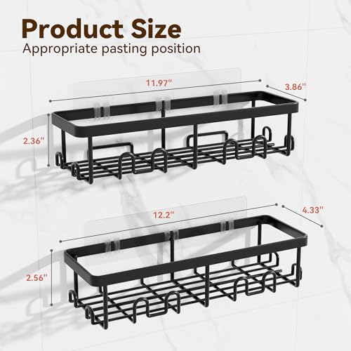 Shower Caddy Adhesive, 100% Rustproof Shower Organizer, Large Capacity Shower Shelves for Inside Shower, No Drill Shower Storage for Home (2 Pack Black)