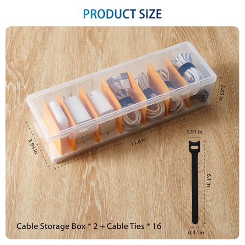 2 Pack Cable Organizer Storage Box with 16 Cable Ties, Clear Phone Charger Organizer Case Wire Organizers for Cords Electronic Storage Box for Drawer Desk Office Home