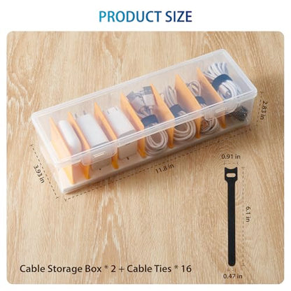 2 Pack Cable Organizer Storage Box with 16 Cable Ties, Clear Phone Charger Organizer Case Wire Organizers for Cords Electronic Storage Box for Drawer Desk Office Home