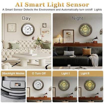 Pytha Sight 15 Inch Metal Illuminated Outdoor Clocks for Patio Waterproof | 15 Inch Large Outdoor Wall Clock Waterproof with Auto Light Smart Sensor,Thermometer & Hygrometer for Patio,Pool,Garden,Porch