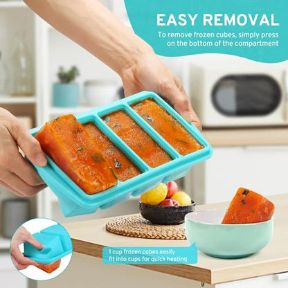 Silicone Freezer Tray with Lid, 1-Cup, 2-Pack, Aqua | BPA-free, leakproof lid, easy-release, stackable, dishwasher-safe. Great for soups, sauces, leftovers, meal prep, baby food.