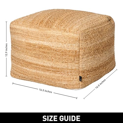 Unstuffed Pouf Ottoman Cover, Beige, 16.5x16.5x12.9 Inches | DIY Fillable Floor Pouf with Storage, Indoor Outdoor Square Ottoman, Footrest, Boho Decorative Floor Pillow
