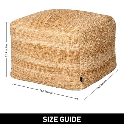 Unstuffed Pouf Ottoman Cover, Beige, 16.5x16.5x12.9 Inches | DIY Fillable Floor Pouf with Storage, Indoor Outdoor Square Ottoman, Footrest, Boho Decorative Floor Pillow
