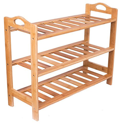 BIRDROCK HOME 3 Tier Free Standing Shoe Rack with Handles | Bamboo | Wood | Closets and Entryway | Organizer | Fits 9 Pairs of Shoes