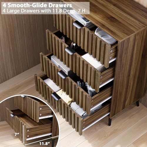 Walnut Fluted 4 Drawers Dresser for Bedroom, Chest of Drawers with Metal Wide Handle, Wooden Dresser for Closet, Bedroom, Living Room, 23.6" x 14.9"D x 30.7" H